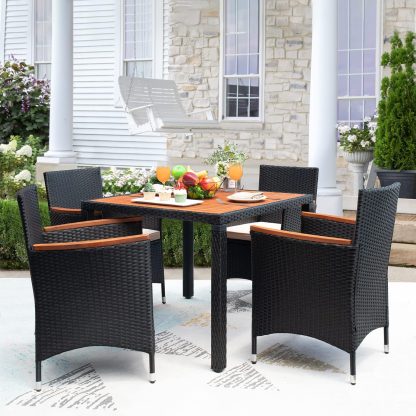 Devoko Dining 7 PCS Furniture Patio Conversation Set with Acacia Wood Table Top Rattan Outdoor