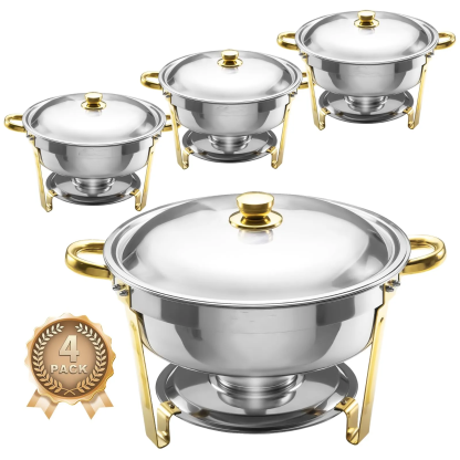 Chafing Dishes for Buffet 4 Pack, 6QT Round Chafing Dishes for Buffet [Elegant Gold and Silver Colors] Stainless Steel Chafing Dish Buffet Set for Any Party