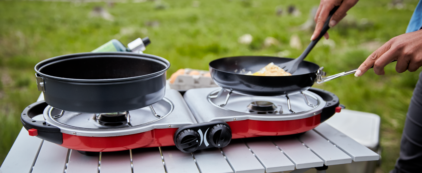 coleman stove pan cook sear dinner lunch breakfast camp easy friends family propane best tailgate