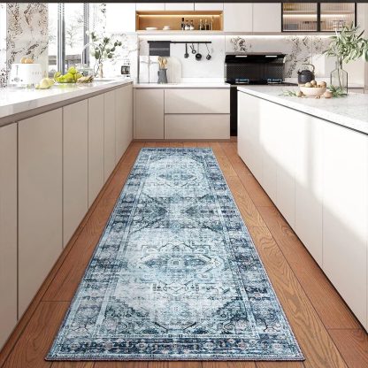 Large Vintage Washable Rug 9x12 Blue Low-Pile Indoor Floral Print Carpet