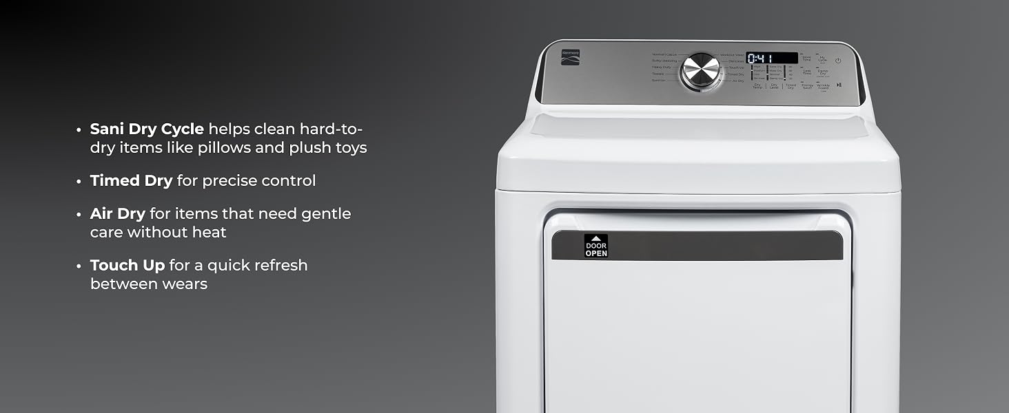 dry cycles, steam refresh, sanitize cycle, express, timed dry, and air dry