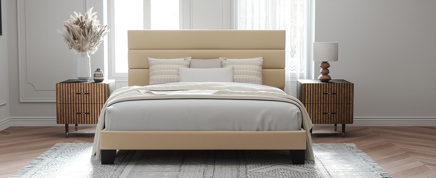 beige king with upholstered headboard