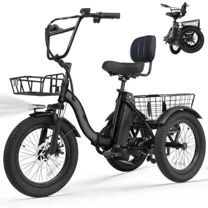 T300 Folding Electric Trike for Adults 1200W Peak 624Wh Fat Tire Step-Through