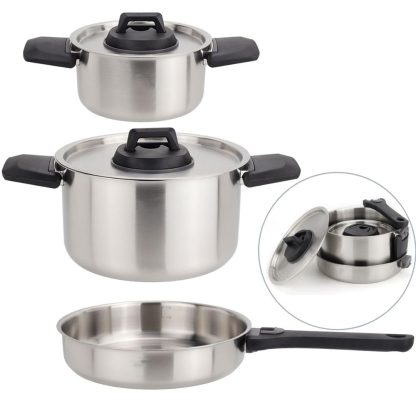 6 Piece Stainless Steel Nesting Camping Cookware Set with Detachable Handle Frying Pan