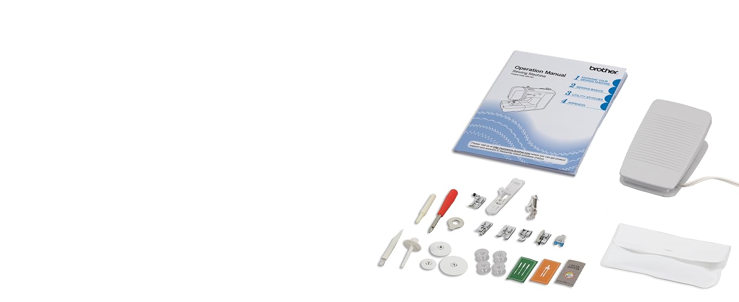 Image of accessories featuring manual, pedal, sewing feet, bobbins, and needles on white background