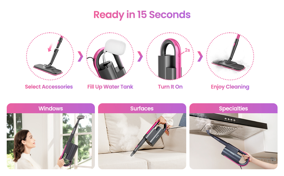 Only 15 seconds and 4 steps are needed before a relaxing and light cleaning job
