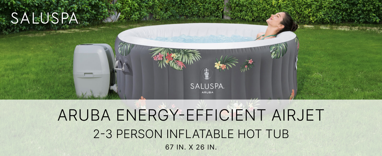 Woman relaxing in Aruba Inflatable hot tub for 2-3 people with tropical design, size: 67" x 26"