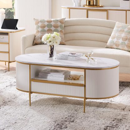 OKD Modern Luxury Grooved Coffee Table 48 Inch Oval Coffee Table Drawers Imitation Marble Top