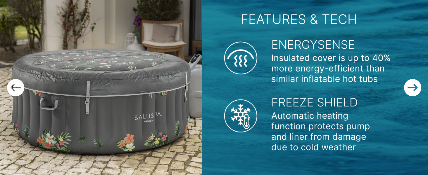 Saluspa hot tub with a floral design cover and list for energy efficiency and freeze protection.
