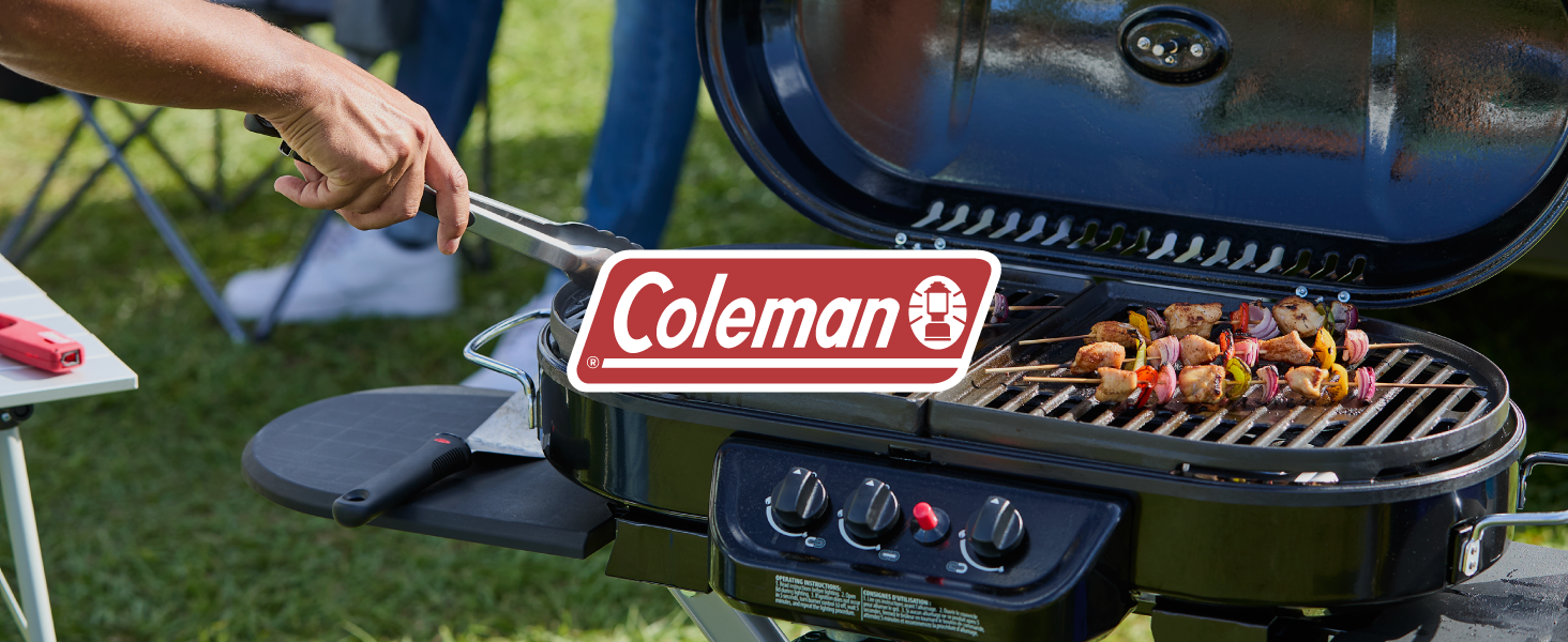 Coleman brand logo grill stove cook tailgate backyard party kabob friends family easy nice best sear