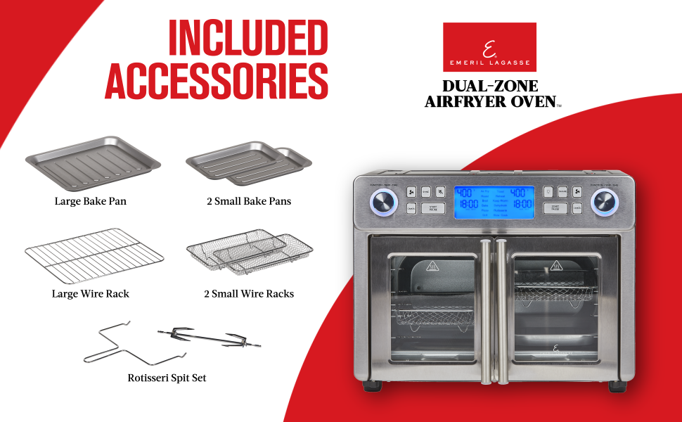 Included: 3 baking pans, 3 wire racks, rotisserie spit set