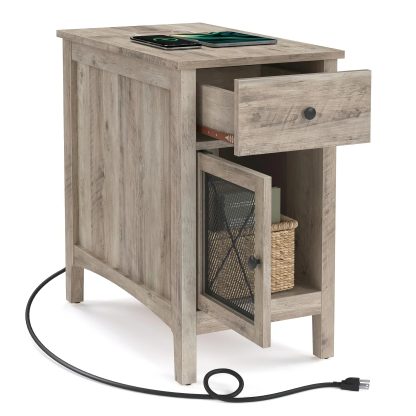 Side Table with Storage, End Table with USB Ports and Outlets Nightstand with Charging Station