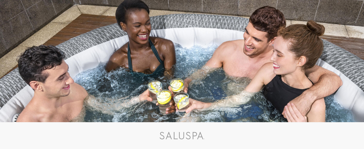 Image of four people relaxing in a hot tub with drinks, with Saluspa logo underneath.