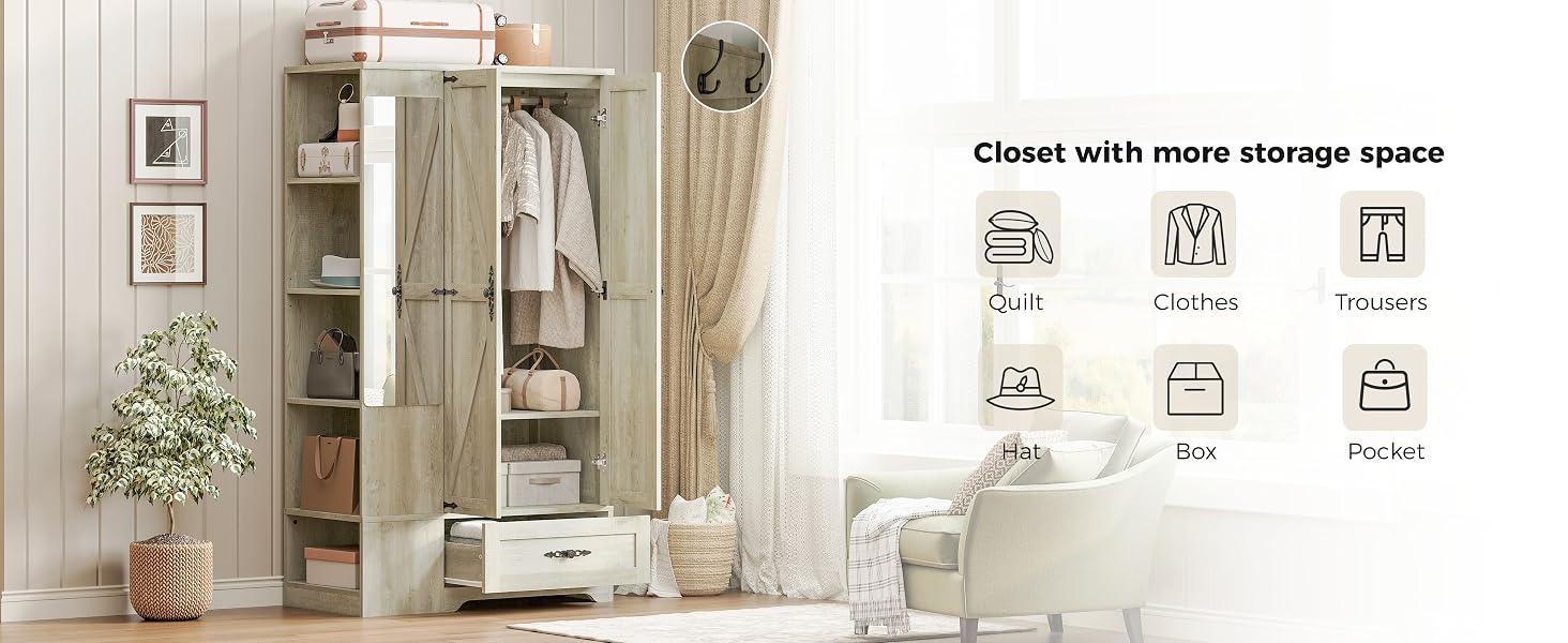 armoire wardrobe closet storage cabinet with doors shelves mirror bedroom closet wooden