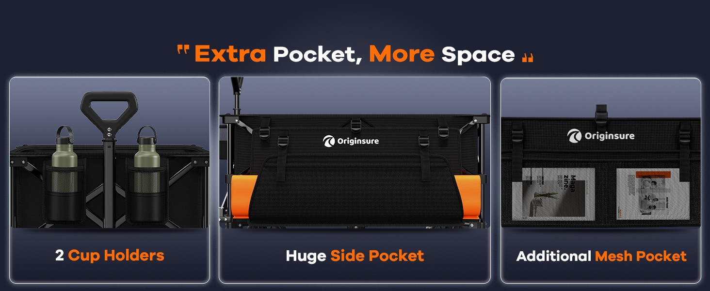 Huge side bags, side mesh bags and 2-cup brackets provide ample storage space