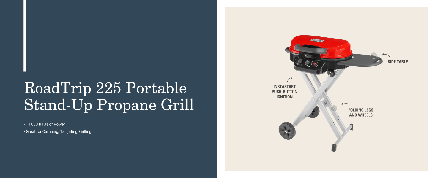 coleman roadtrip 225 portable stand up propane grill red side table ignition legs wheels power camp