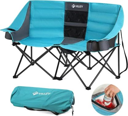 Double camping chair extra wide love seat heavy duty padded camping sofa portable folding chair