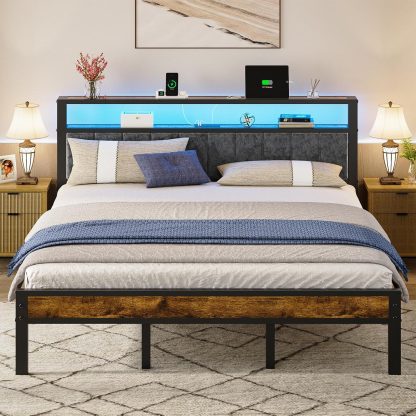 Queen Size Bed Frame with 2-Tier Storage Shelves Headboard Platform Bed with Charging Station
