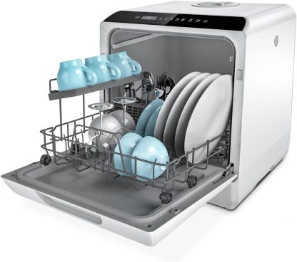 Hermitlux Countertop Dishwasher, 7 Washing Programs Portable Mini Dishwasher with 5-Liter Built-in Water Tank for Apartments & RVs, LED Light, Glass Door, No Hookup Needed