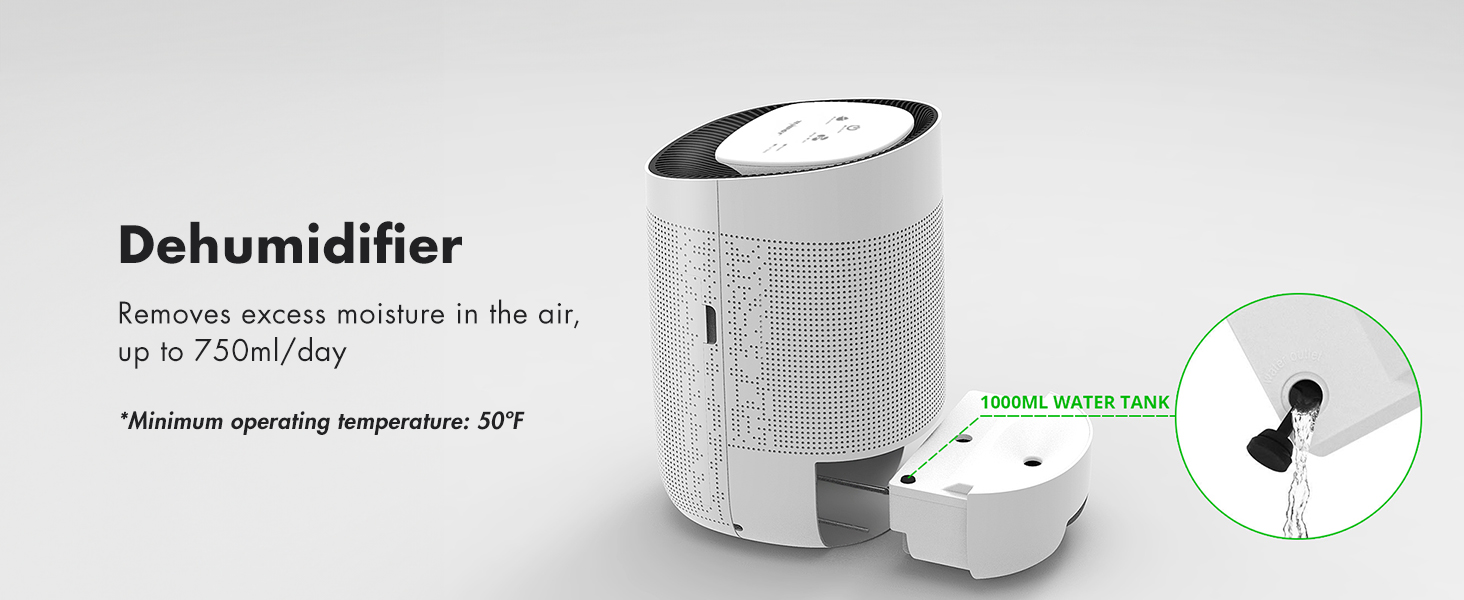 Removes excess moisture in the air, up to 750ml/day *minimum operating temperature of 50ºF