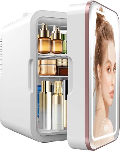 Skincare Fridge, 6L/10 Can Mini Fridge for Bedroom with Dimmable LED Mirror, Portable Cooler & Warmer Small Compact Refrigerator for Skincare, Cosmetics, Bedroom and Office, White