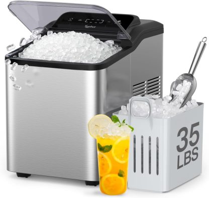 Typhur Fast Nugget Ice Maker Countertop with Self-Cleaning Pump, 35lbs/24H Crushed Pebble Ice Machine with Pellet Ice, 8 Packs Cleaner, Dual Ice Scoops for Home, Kitchen, Party, RV, Stainless Steel