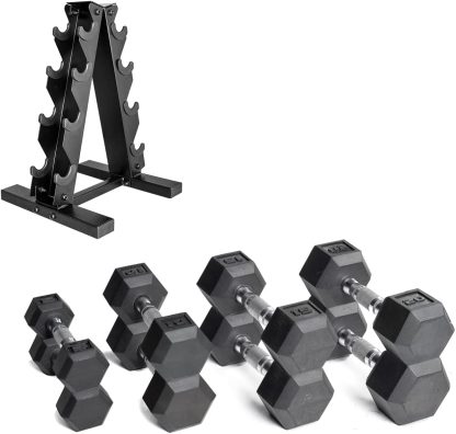 CAP Barbell Rubber Coated Dumbbell Weight Set with Vertical Rack / 100 lb, 150 lb, and 210 lb