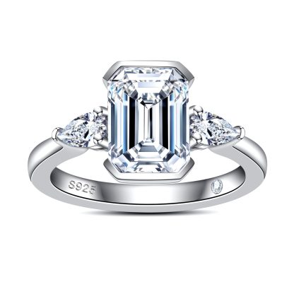 Emerald Cut Moissanite Engagement Ring 3.6cttw(3CT Center Stone) D Color VVS1 925 Sterling Silver 3 Stones Half Bezel Promise Wedding Rings for Women with Certificate