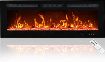 EUHOMY 50 Inch Electric Fireplace Wall Recessed and Wall Mounted with Adjustable Flame Color, Fireplace Heater with Remote Control, Linear Fireplace with Timer, Touch Screen, Log & Crystal, 750/1500W