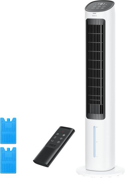 DREO Portable Air Conditioners Fan, 40?Standing Fans that Blow Cold Air, Portable AC?0° Oscillating Evaporative Air Cooler，Removable Water Tank, Ice Packs, Remote Control, 4 Speeds, 7H Timer, White