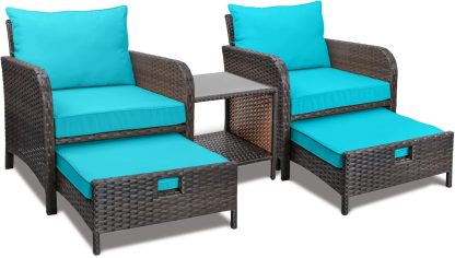 LEVELEVE Balcony Furniture 5 Piece Patio Conversation Set, PE Wicker Rattan Outdoor Lounge Chairs with Soft Cushions 2 Ottoman&Glass Table for Porch, Lawn-Brown Wicker