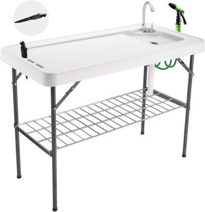 Folding Fish Cleaning Table Portable Camping Sink Table with Faucet Drain Hose and Sprayer Outdoor Fish Fillet Cleaning Station