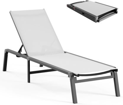 Aluminum Chaise Lounge Ourdoor - Foldable & Assemble Free Outdoor Lounge Chair with 5 Adjustable Backrest, Patio Lounge Chair for Outside Poolside Beach Pool, Black