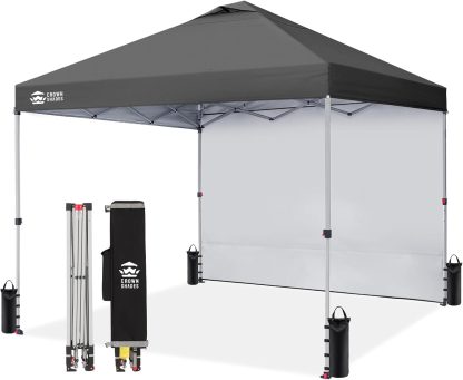 CROWN SHADES 10x10 Pop Up Canopy with 1 Side Wall - Beach Tent with One Push Setup - Outdoor Sun Shade for Events, Parties, Camping - Gazebo with STO-N-Go Cover Bag (White)