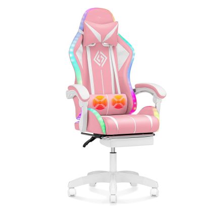 RGB Gaming Chair with Massage and LED Lights Ergonomic Computer Chair with Footrest High Back Reclining Video Game Chair with Adjustable Lumbar Support Light Blue and White