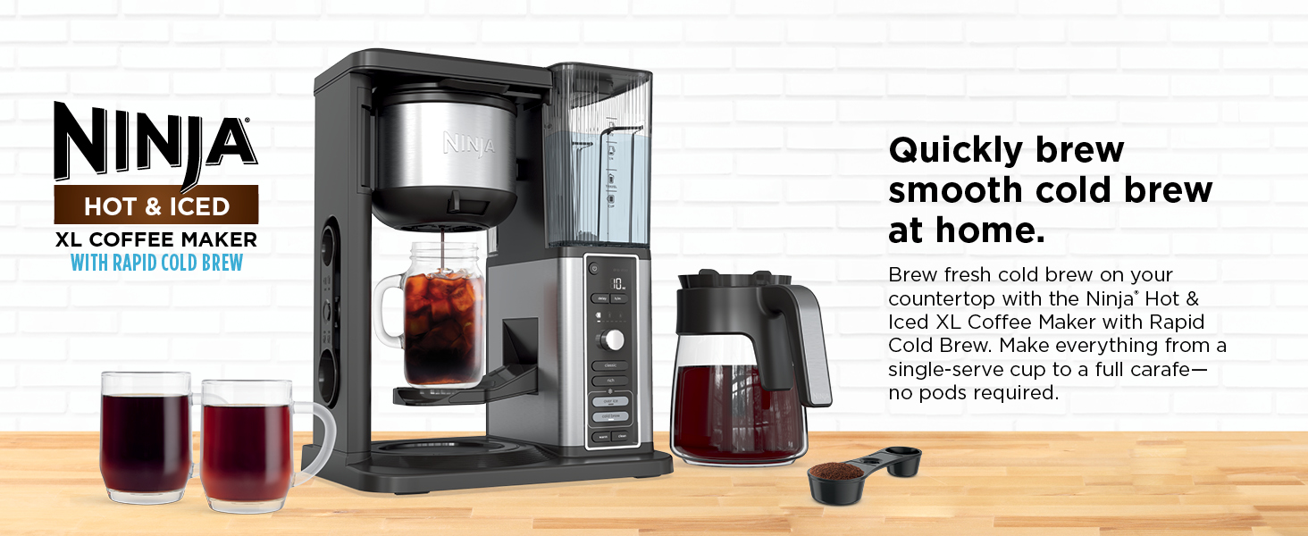 Ninja Hot & Iced XL Coffee Maker with Rapid Cold Brew single-serve cup to a full carafe
