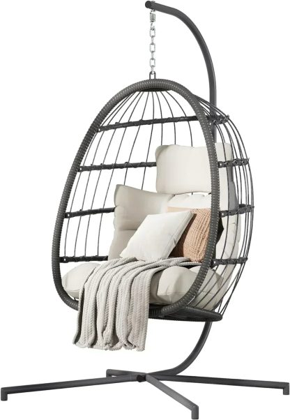 HWB Hanging Egg Chair with Stand Patio Wicker Hammock Egg Swing Chair Cushion for Bedroom
