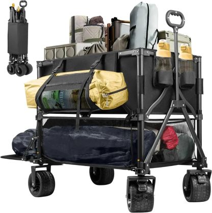 Double Decker Wagon 600lb Capacity 400L Collapsible Wagon 54" Extended Utility Folding Cart