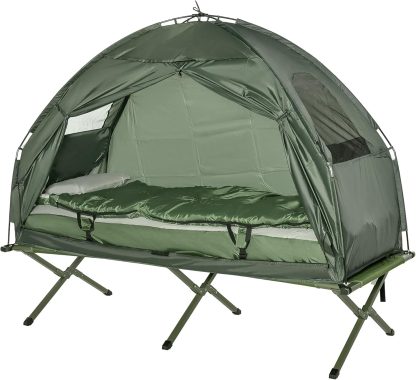 Outsunny Camping Tent Cot, 4-in-1 Folding Tent Cot Combo with Mattress, Pillow, Sleeping Bag, Roller Carrying Bag, Off Ground Travel Camp Cot for Hiking, Backpacking, Picnic
