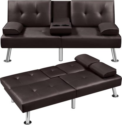 Yaheetech Convertible Sofa Bed Adjustable Couch Sleeper Modern Faux Leather Home Recliner Reversible Loveseat Folding Daybed Guest Bed, Removable Armrests, Cup Holders, 3 Angles, 772lb Capacity, Brown
