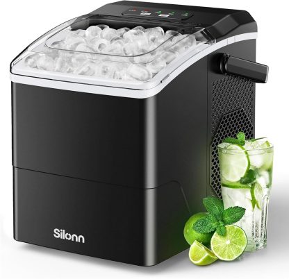 Silonn Countertop Ice Maker, 9 Cubes Ready in 6 Mins, 26lbs in 24Hrs, Portable Ice Machine with Self-Cleaning, 2 Sizes of Bullet Ice for Home/Kitchen/Party/RV, Black