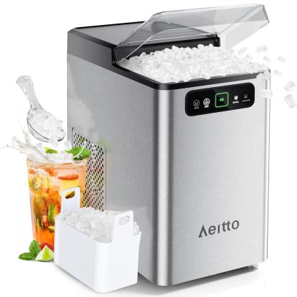 Aeitto Nugget Ice Maker 40Lbs/24H, Countertop Soft Chewable Ice Pebble Ice Machine, One-Click Operation, Auto Self-Cleaning Ice Makers with Scoop&Basket for Home, Office, Kitchen, Party (Grey)