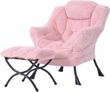 Welnow Lazy Chair with Ottoman, Modern Accent Chair with Armrests and a Side Pocket, Leisure Sofa Armchair, Reading Armchair with Footrest for Small Space, Dark Grey