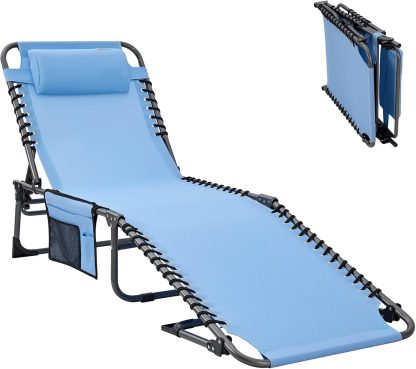 2 Pack Outdoor Chaise Lounge Chair - Portable Folding Patio Pool Lounge Chair, 5 Positions Adjustable Reclining Camping Chair with Side Table,Shoulder Strap, Pillow for Beach Sunbathing Lawn