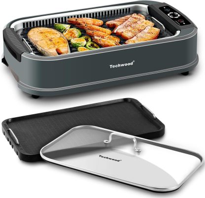 Indoor Smokeless Grill, Techwood 1500W Electric Indoor Grill with Tempered Glass Lid, Portable Non-stick BBQ Korean, Turbo Smoke Extractor Technology, Drip Tray& Double Removable Plate, Black