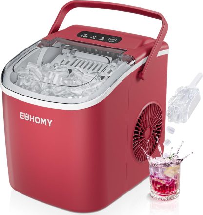 EUHOMY Countertop Ice Maker Machine with Handle, 26lbs in 24Hrs, 9 Ice Cubes Ready in 6 Mins, Auto-Cleaning Portable Ice Maker with Basket and Scoop, for Home/Kitchen/Camping/RV. (Black)