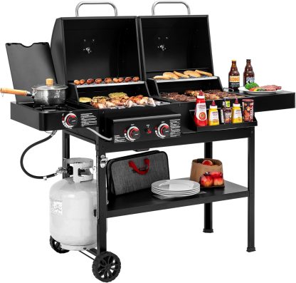 2-Burner Gas and Charcoal Grill Combo with Offset Smoker & Side Burner, 34,000 BTU Dual