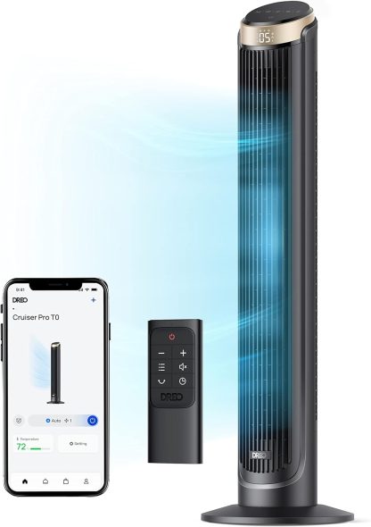 DREO Smart Tower Fan for Bedroom, 90° Oscillating 40" Standing Fan, 26ft/s High-Speed 5 Speeds 4 Modes, Quiet Room Floor Fans, Touch/Remote/APP & Voice Control, Work with Alexa, 12H Timer, Silver