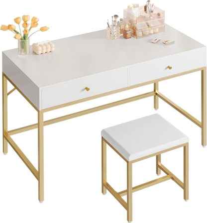 SUPERJARE 35.4" White and Gold Desk with 2 Drawers, Modern Makeup Vanity