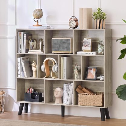 LEYAOYAO Wooden 7 Cube Book Shelf Natural Bookshelf Legs Modern Open Storage Organizer